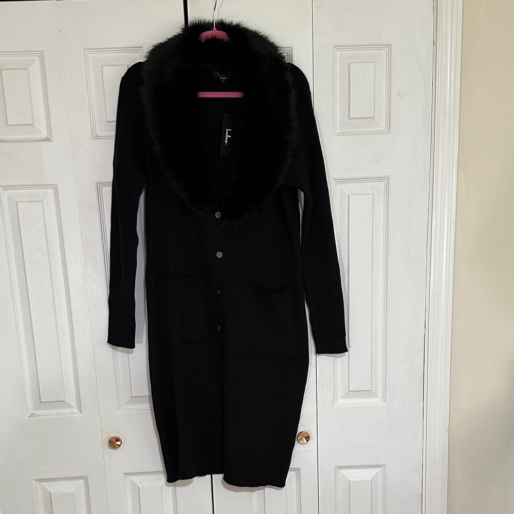 Lulu's Black Cardigan with Faux Fur Collar - Picture 2 of 10